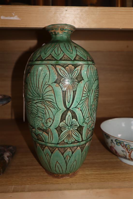 A Chinese Cizhou type green glazed mandarin duck vase height 31cm